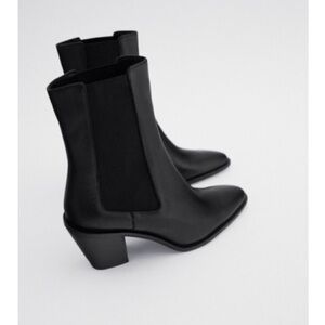 Zara Black Leather Heeled Cowboy Ankle 2172/610 Boots Booties